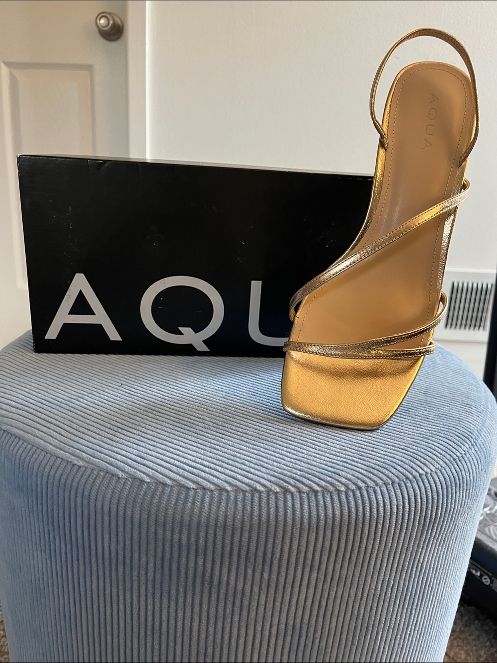 Aqua Metallic Gold Strappy Square-Toe Slingback Heel